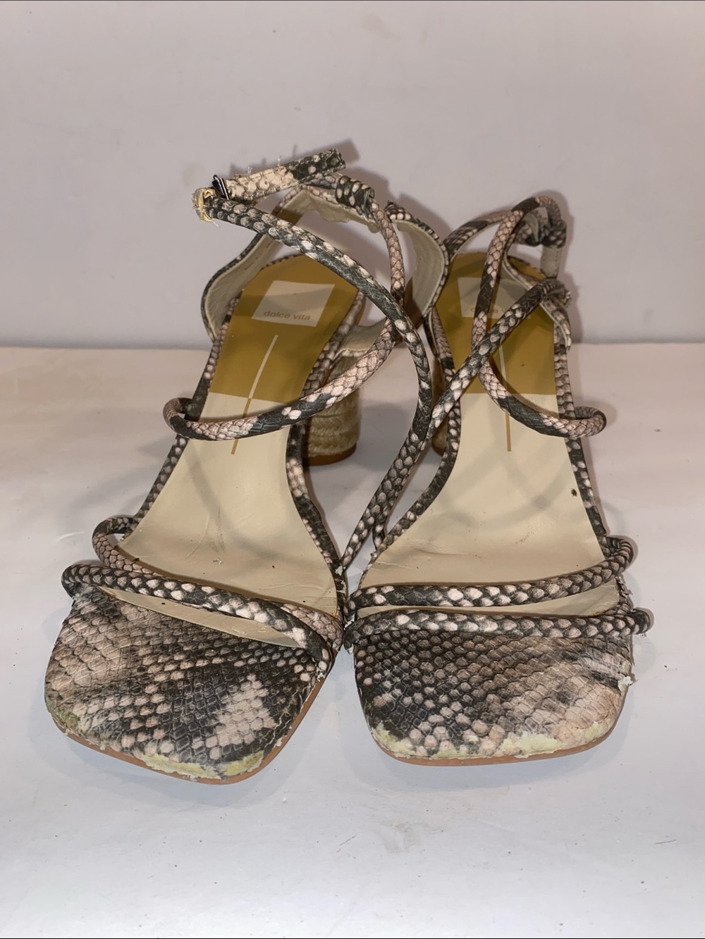 Dolce Vita Snake-Print Strappy Heels in Brown and Cream